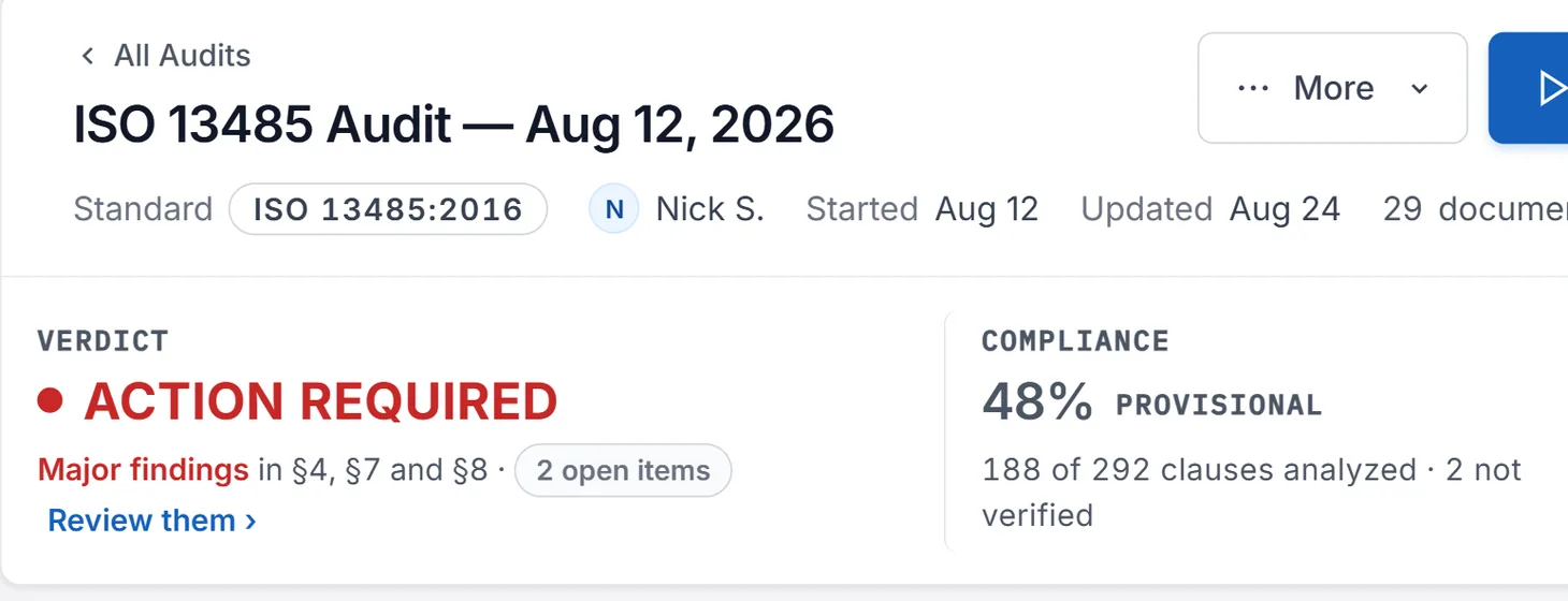 Aligntra audit summary for the example QMS: the ISO 13485 audit header with the action-required verdict and 188 of 292 clauses analyzed