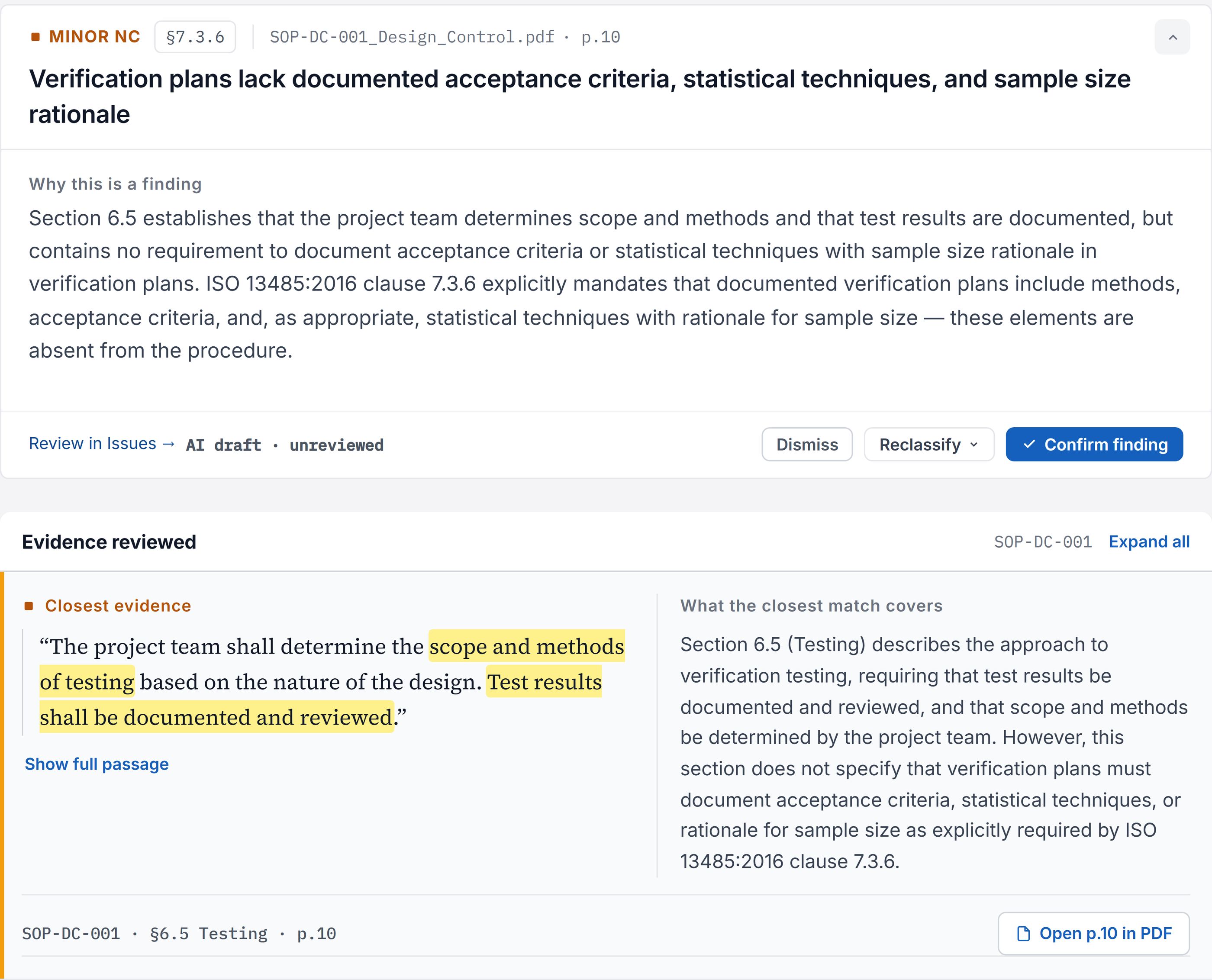 A finding with its clause, file and page, and the verbatim quote it relies on