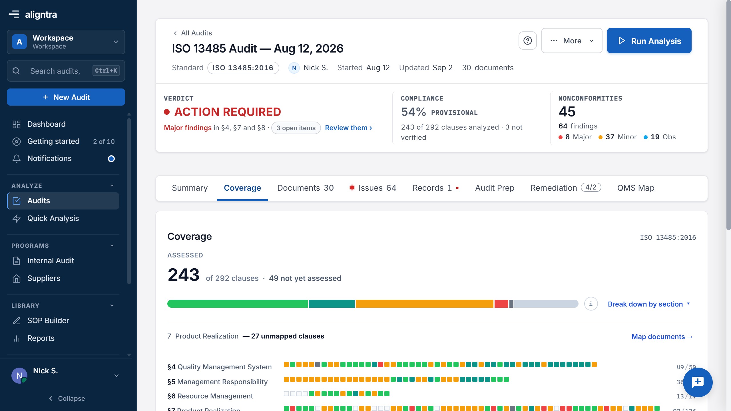 The coverage screen: 243 of 292 clauses assessed, a compliant, observation, minor and major breakdown, and the requirement list.
