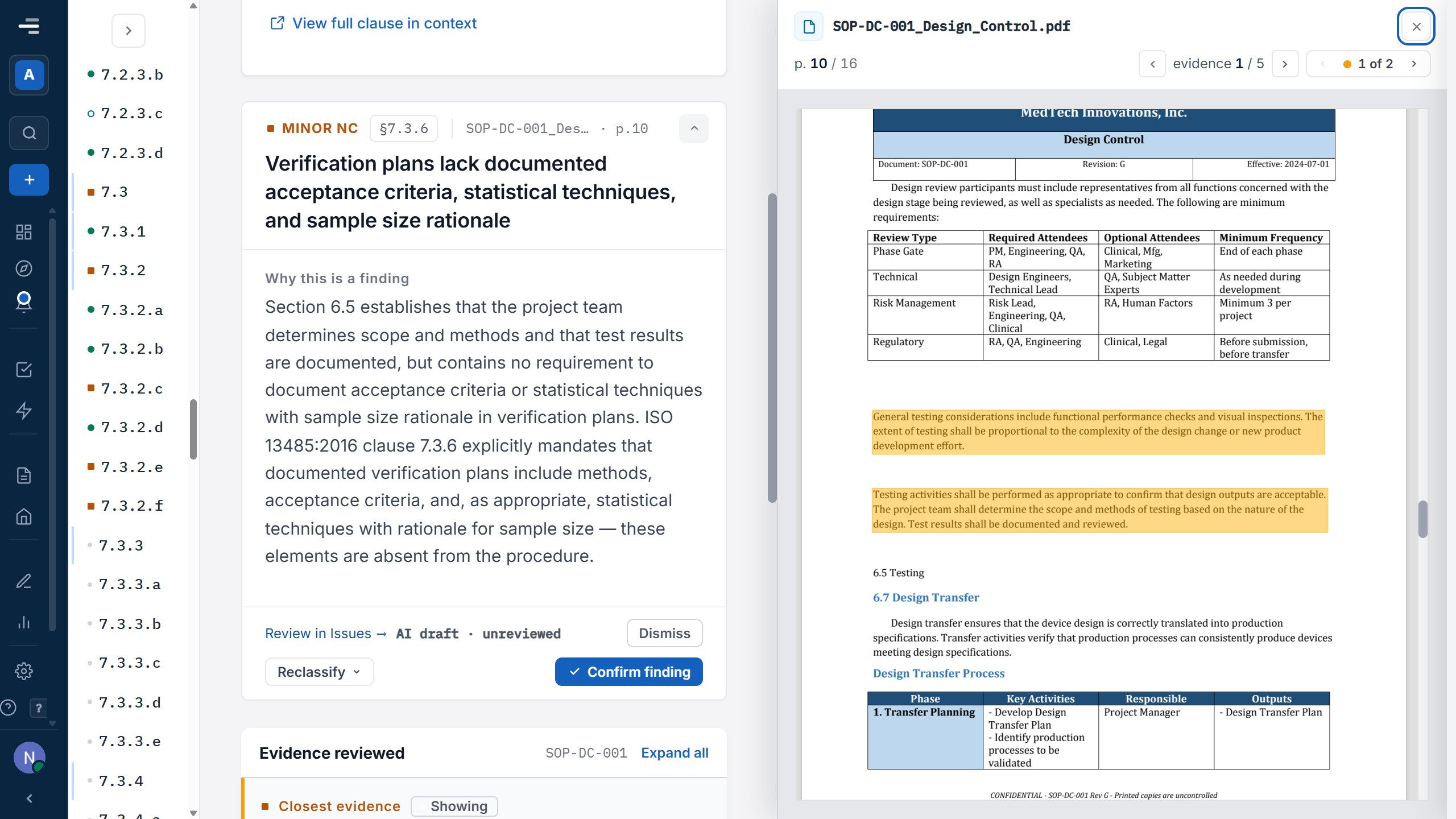 The finding beside the procedure it came from, open at page 10 of 16 with the two relevant paragraphs highlighted and an evidence counter reading 1 of 5.