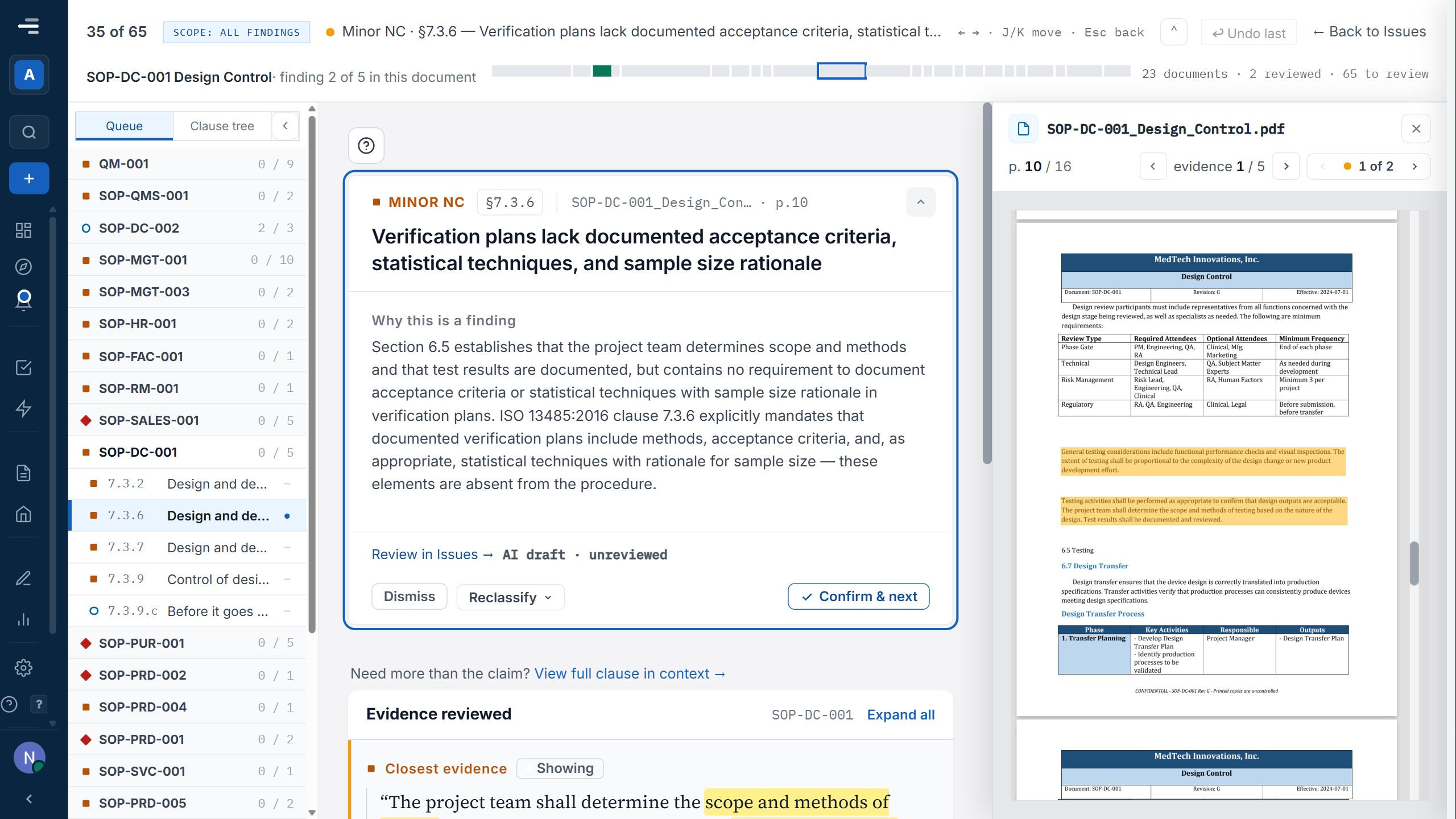The review room: one finding marked AI draft and unreviewed, its evidence quote, the procedure open beside it, and the Dismiss, Reclassify and Confirm actions an auditor uses to decide.