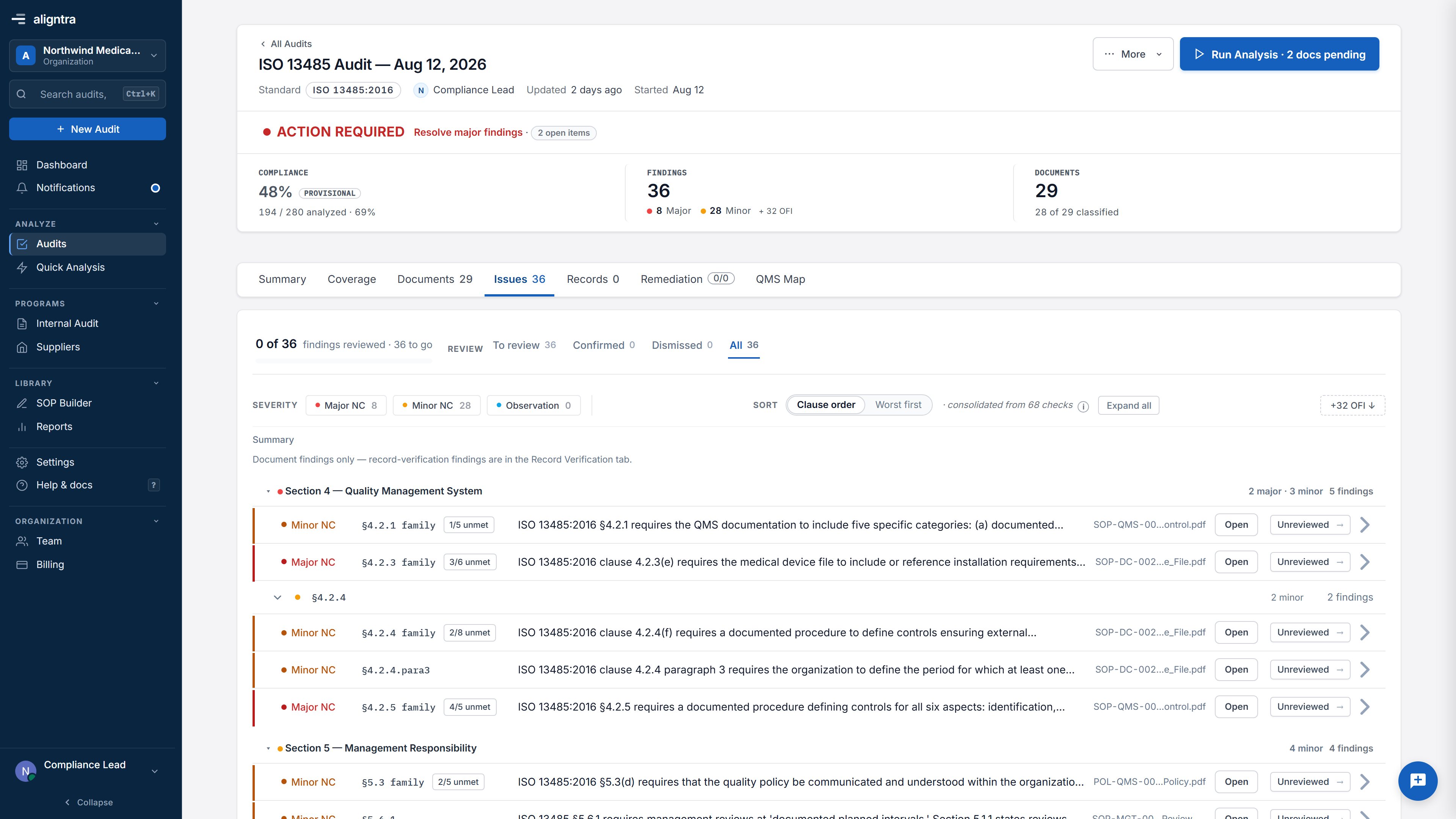 Issues queue showing supplier findings, each cited to a clause, document, page, and paragraph