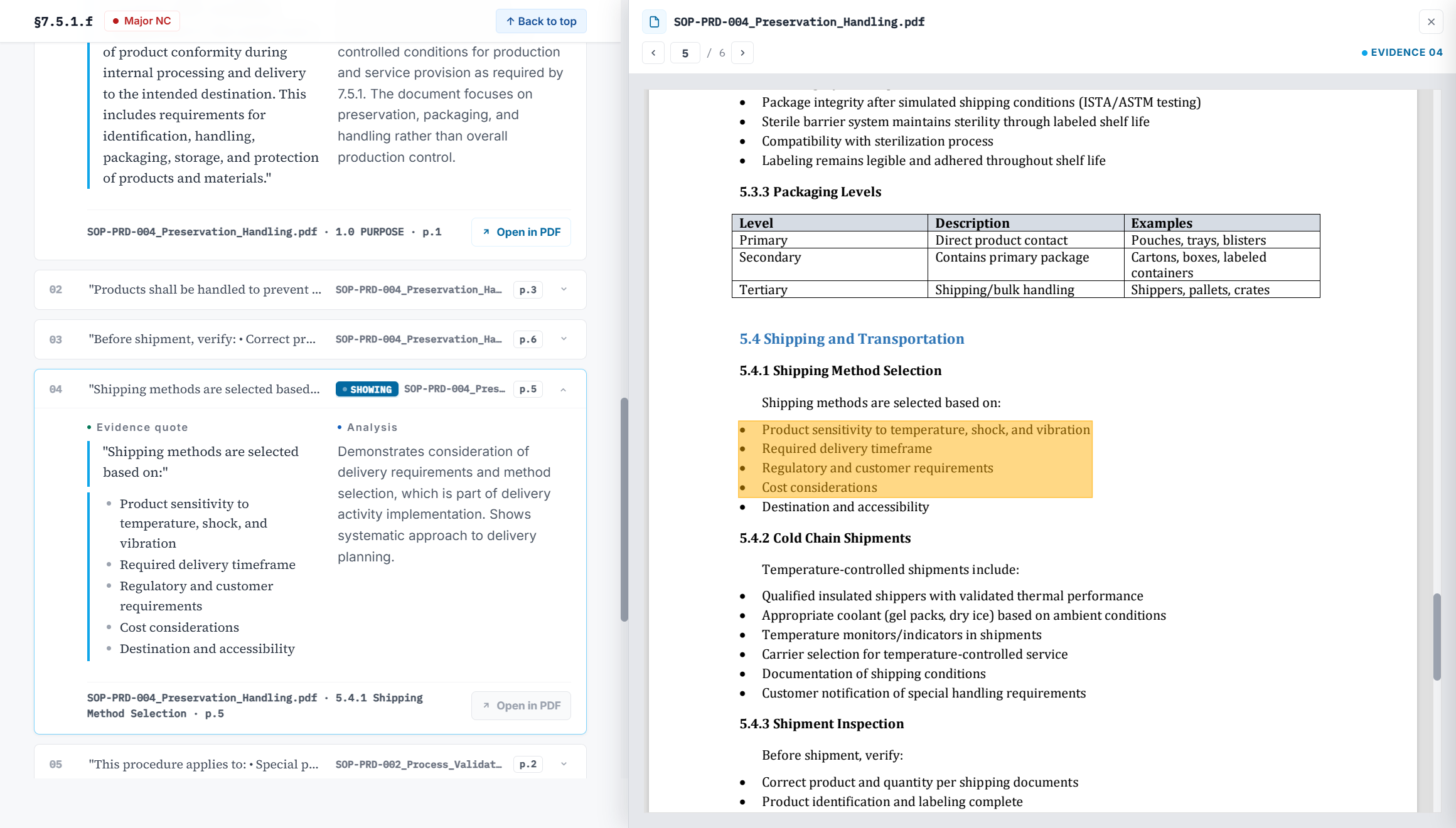 A Major NC on ISO 13485 clause 7.5.1 product release in Aligntra, with the cited shipping-method passage highlighted in the source SOP beside the finding and its analysis.